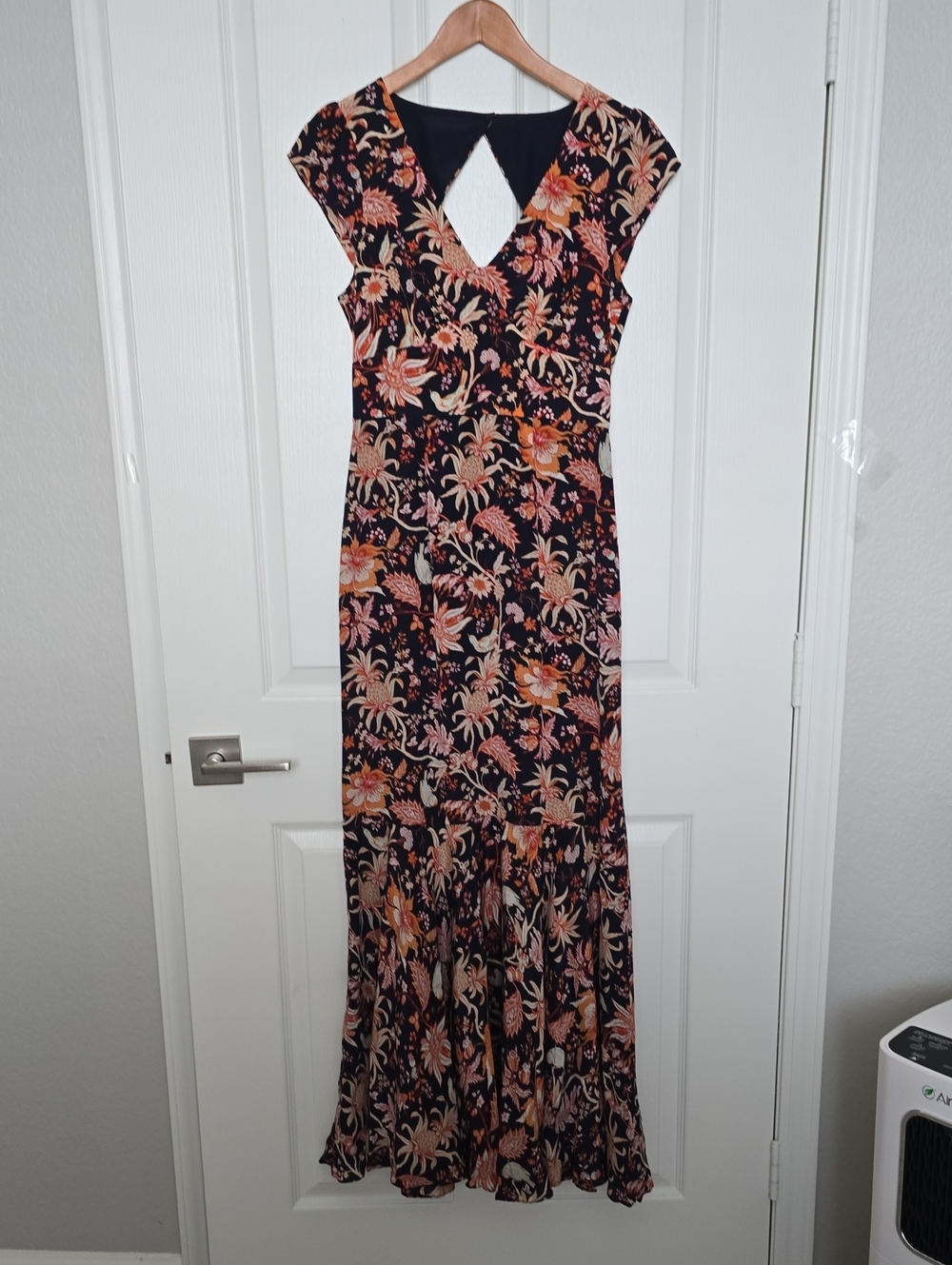 leifsdottir Black Floral Maxi Dress with Peach and Cream Blooms